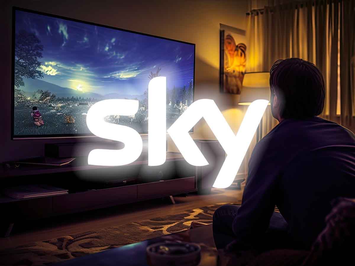 logo Sky in primo piano con dietro una televisione